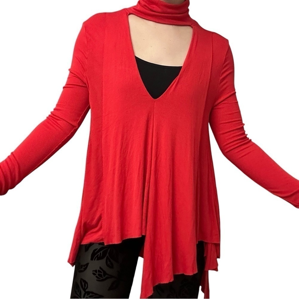Free People Sweater Tunic Red Cut Out Holiday Long Sleeve Boho Size Extra Small